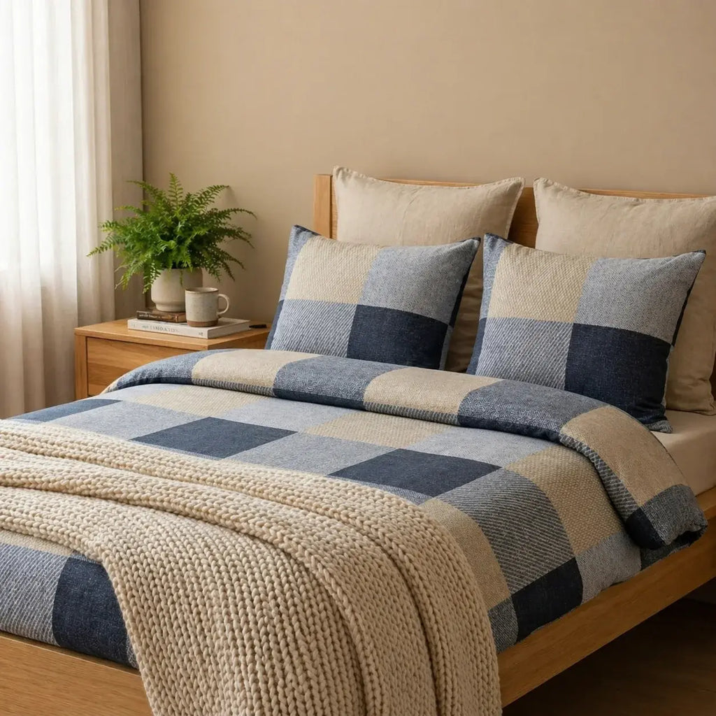 Luksus Flonell sengetøj | 200 x 220 cm – Blå – Ternet