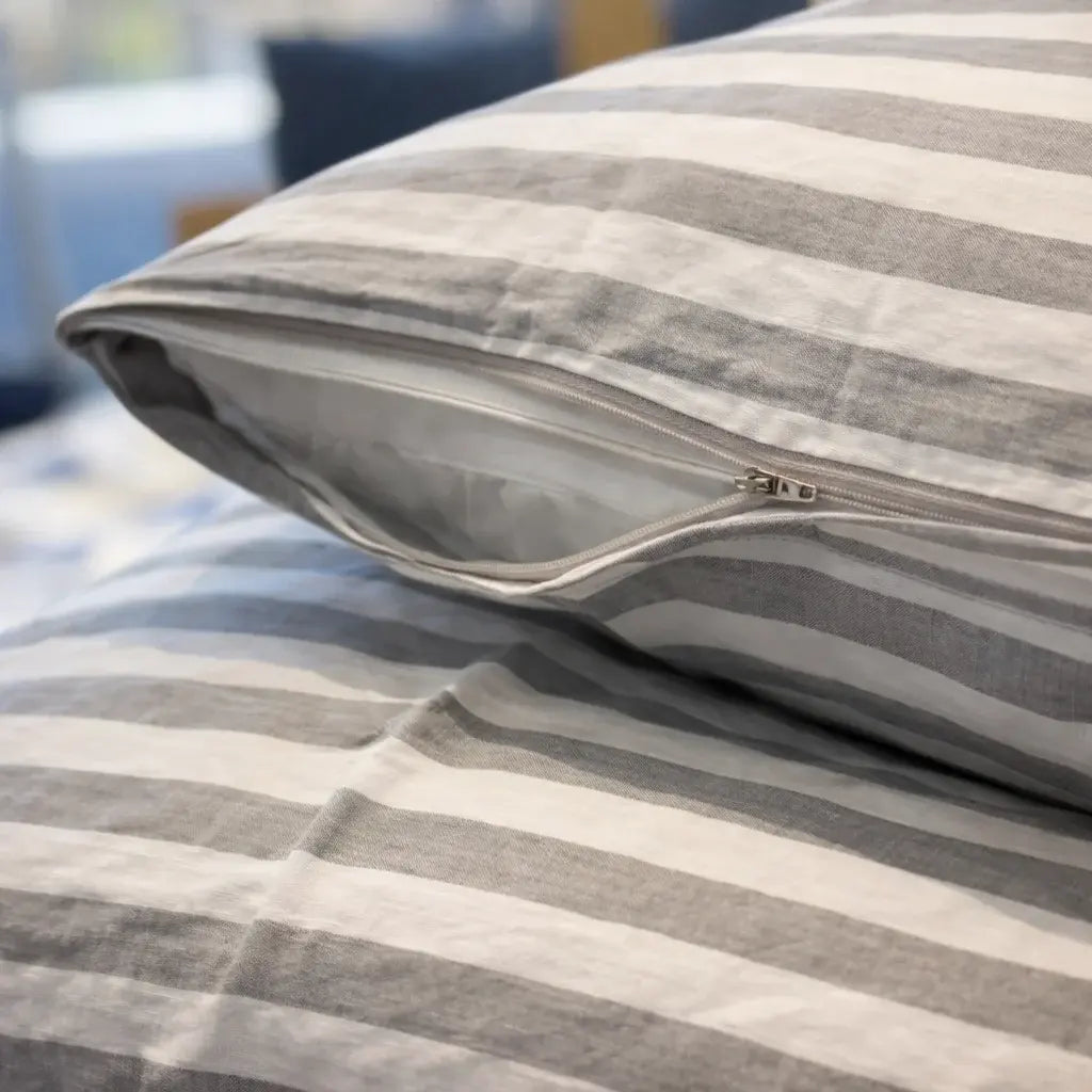 Sengetøj 100% vasket hør   140x200 cm – Grå strib