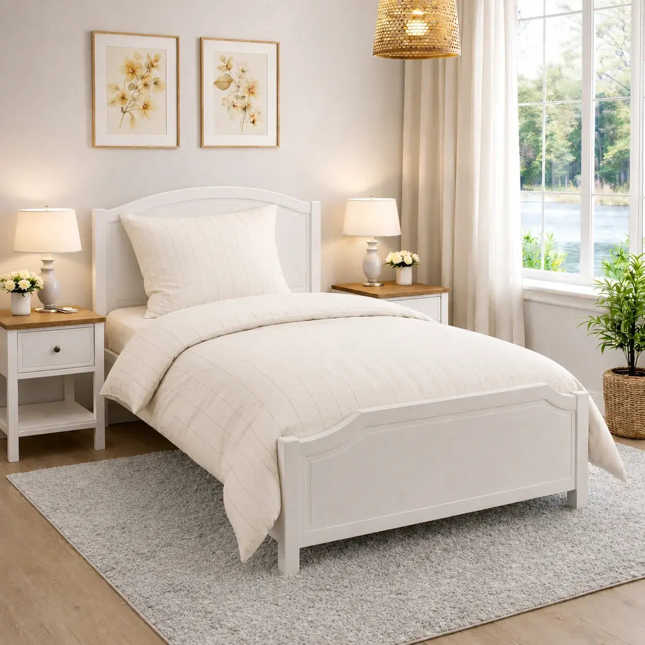 Sengetøj 100% vasket hør   140x220 cm – Smal beiges strib