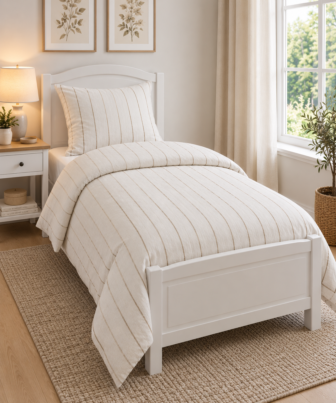 Sengetøj 100% vasket hør   140x200 cm –  smal beiges strib