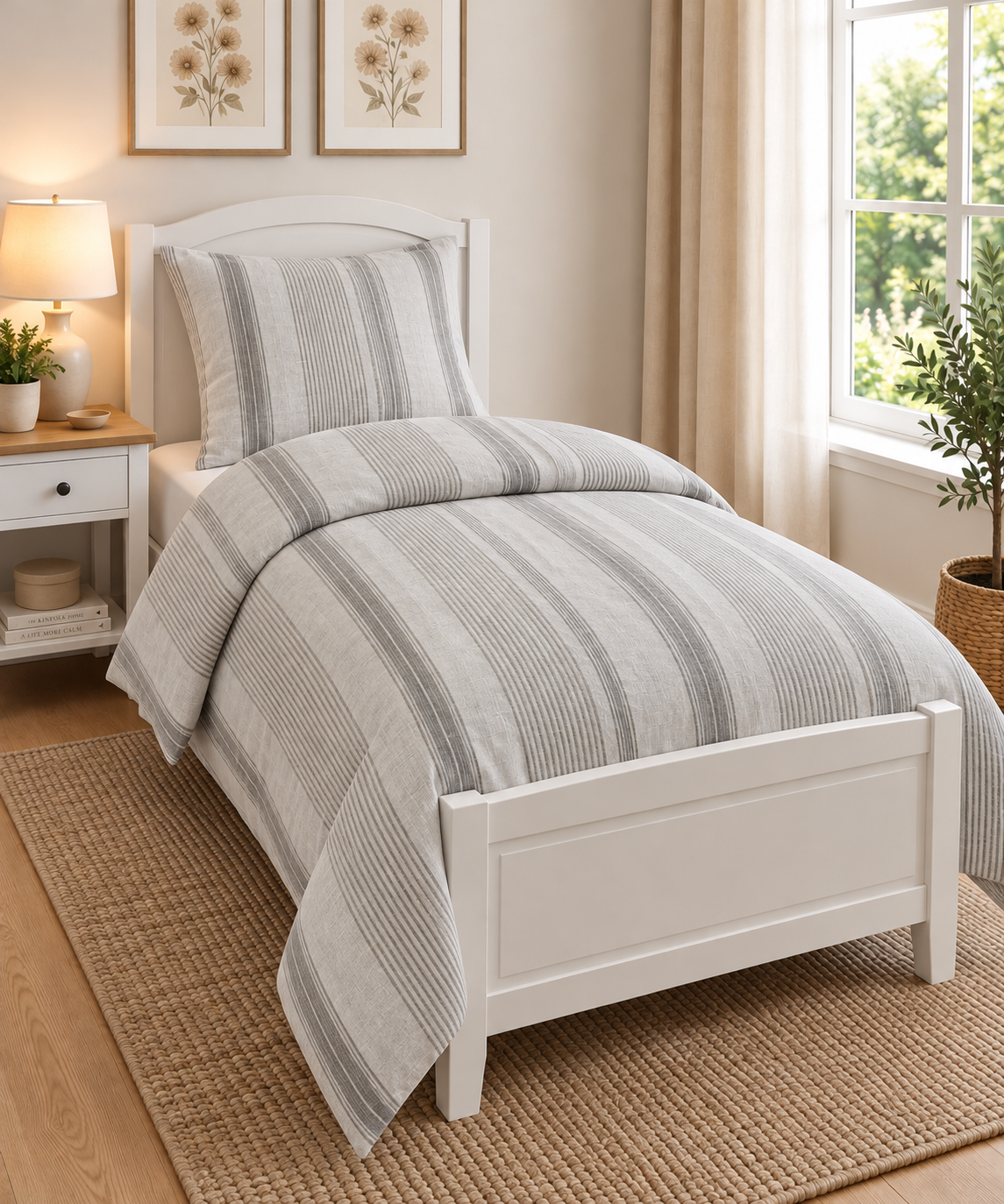 Sengetøj 100% vasket hør   140x200 cm – Stribet beiges