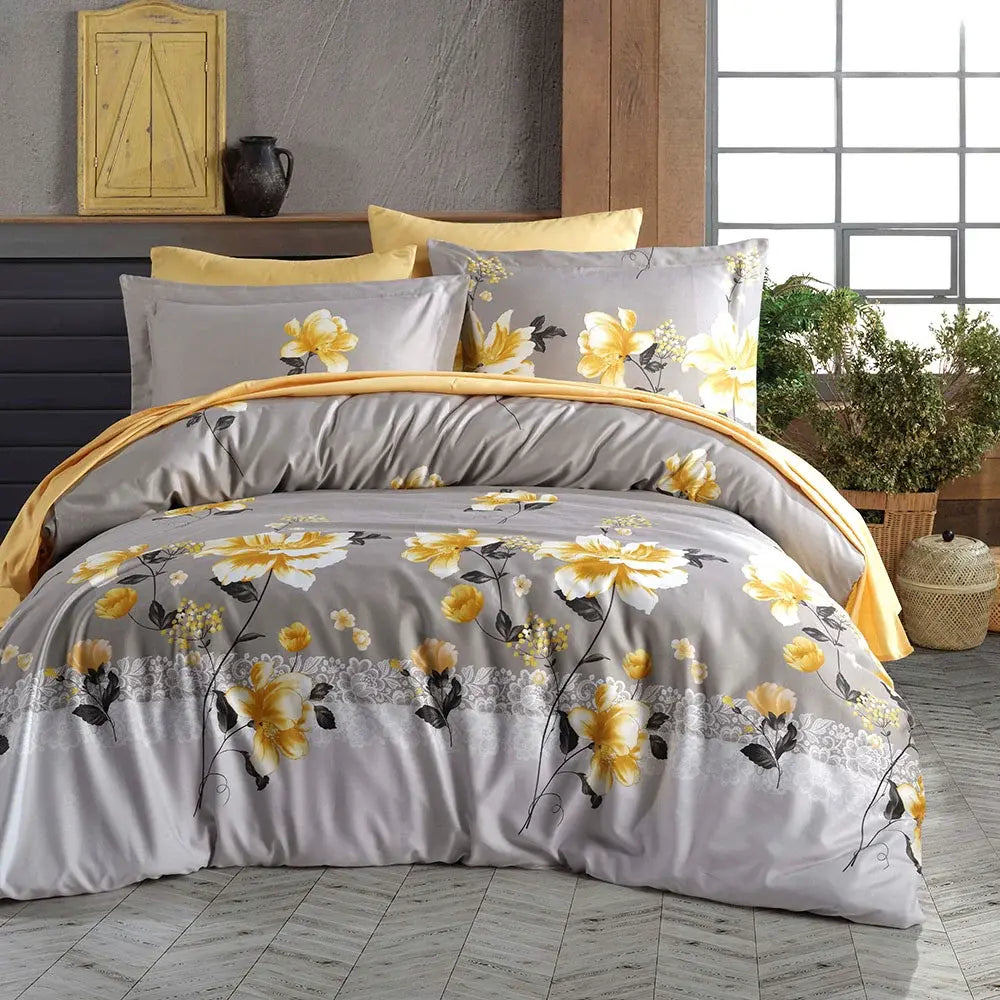 Sengetøj i bomuldssatin | 140 x 220 cm – Grå – Blomster