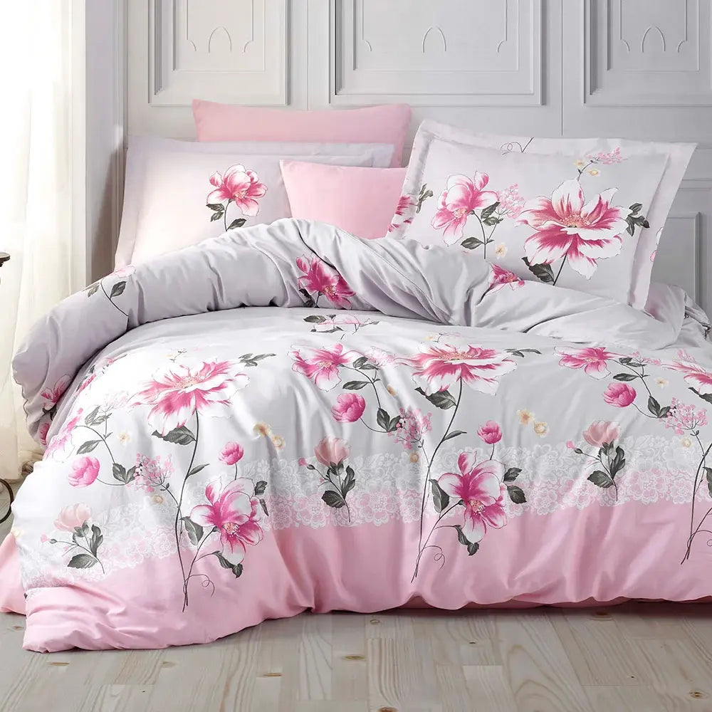 Sengetøj i bomuldssatin | 140 x 220 cm – Rosa – Blomster – 100% bomuldssatin – Aida Pink